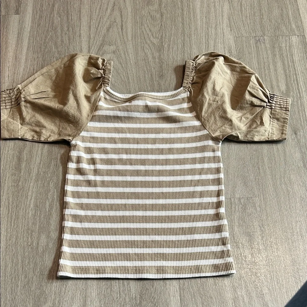 J. Crew Beige and White Striped Puff Sleeve Blouse